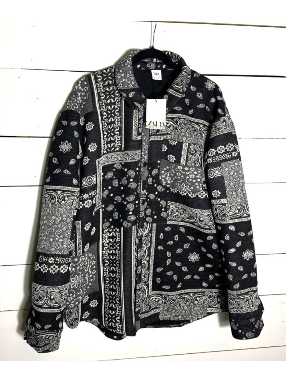 Zara Black & White Bandana Print Long Sleeve Button-Up Shirt XL